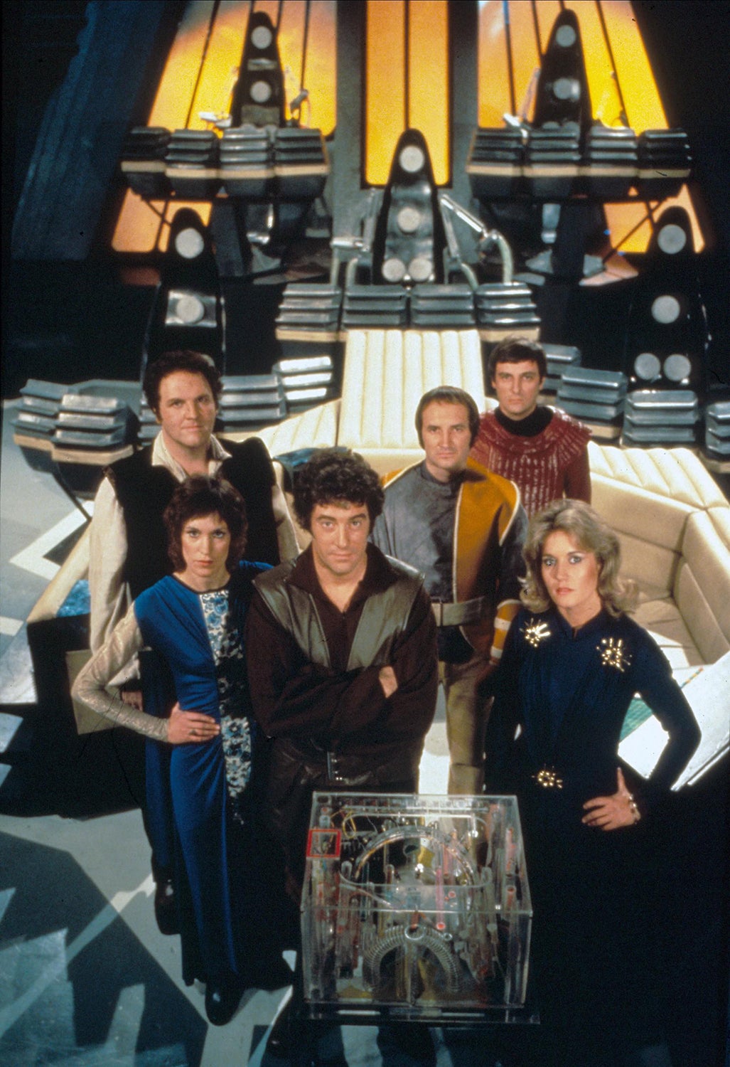The cast of Blake’s 7, including Michael Keating (in the yellow)