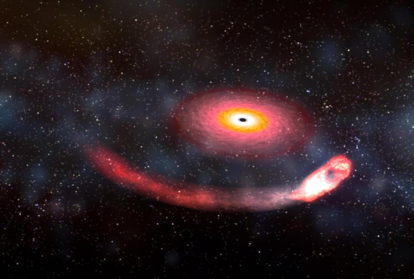 A still from a NASA animation of a black hole devouring a neutron star