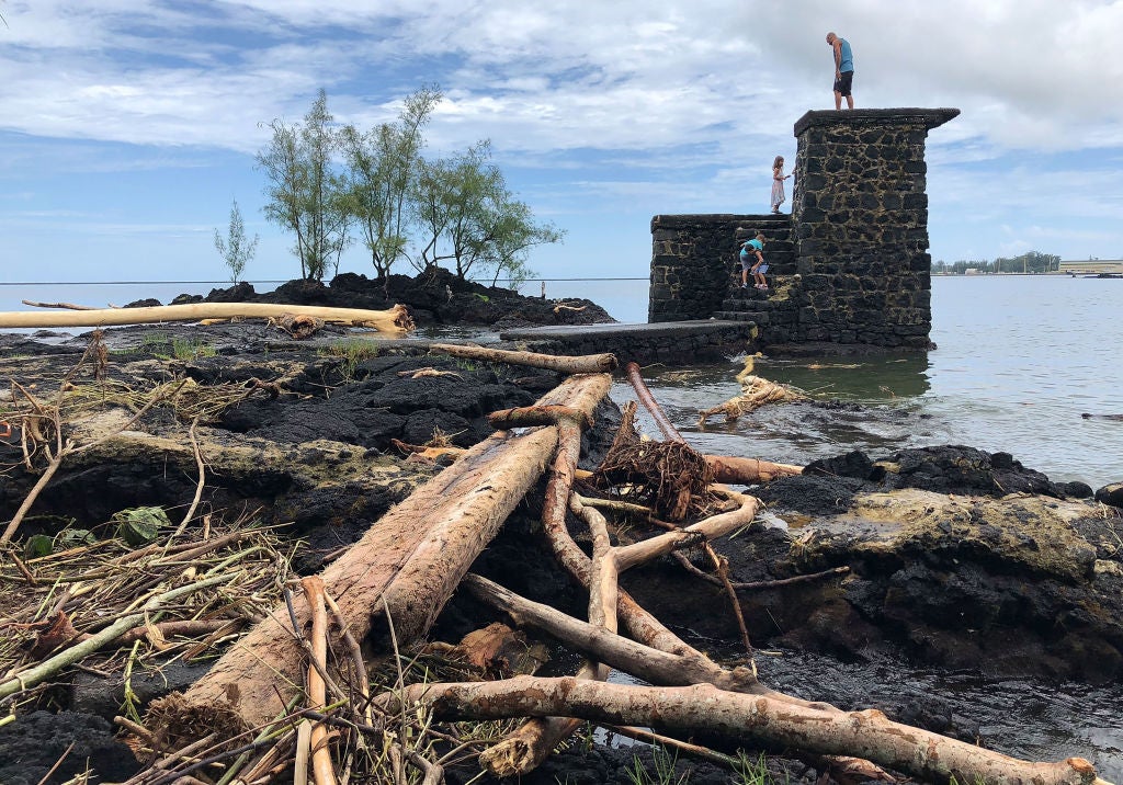 The remains of trees destroyed by flooding from Hurricane Lane in 2018 in Hilo, Hawaii. The state is the first to declare a climate emergency