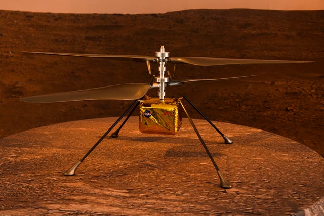 A full scale model of Ingenuity Mars helicopter on display at NASA Jet Propulsion Laboratory, Pasadena