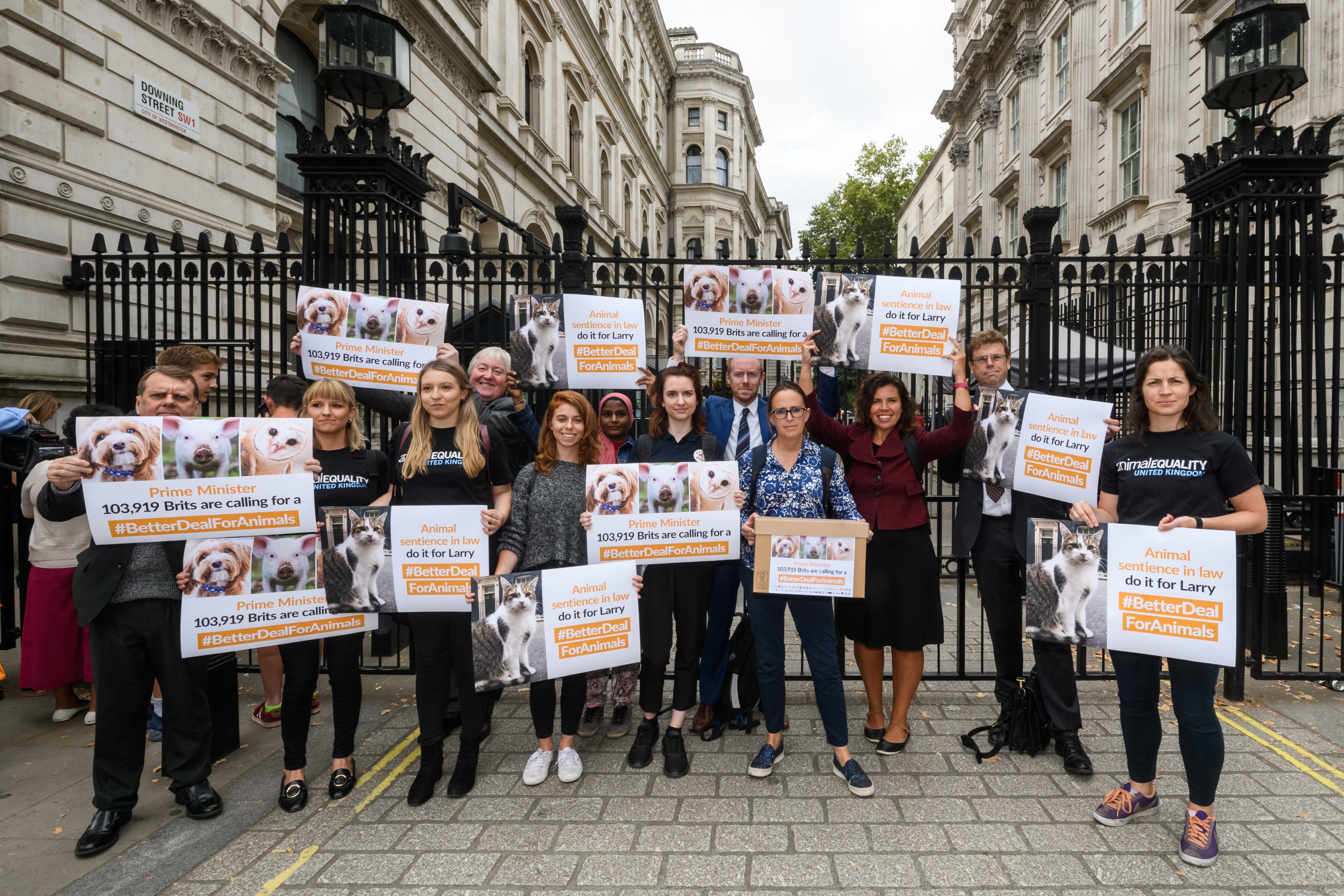 Campaigners for an animal sentience bill, which will recognise that animals have the capacity to experience feelings, deliver a petition to parliament