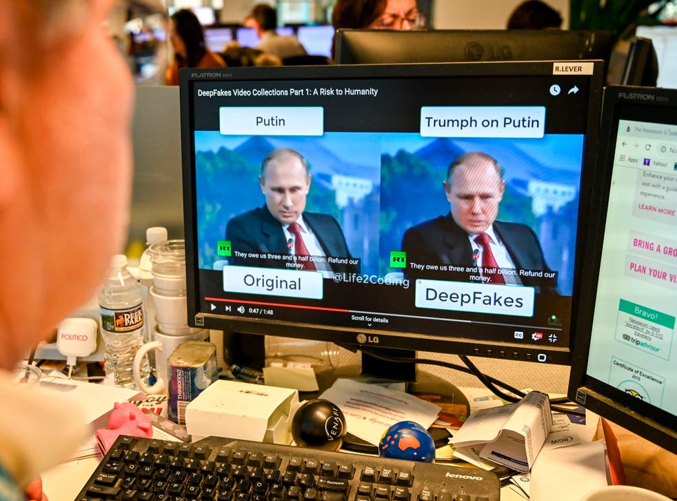 <p>A journalist views video manipulated with artificial intelligence to potentially deceive viewers, or “deepfake”</p>