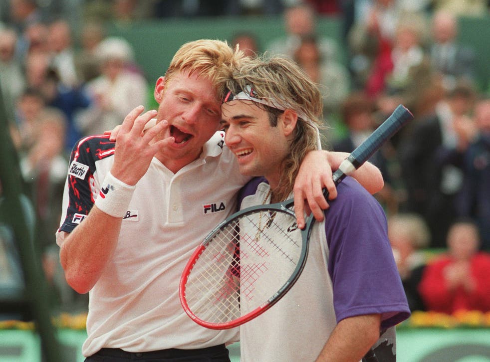 Boris Becker (left) and Andre Agassi at the 1991 French Open