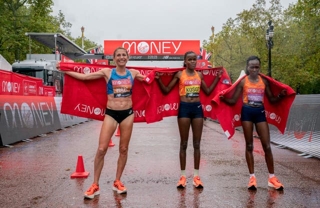 <p>Brigid Kosgei of Kenya in the centre and Ruth Chepngetich on the right</p>