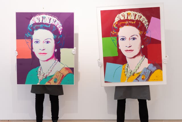 <p>Reigning Queens by Andy Warhol is displayed during preparations for online sales at Christie’s Auction House on 26 March 2021</p>
