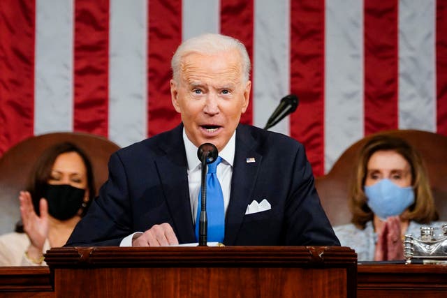 <p>President Joe Biden addresses the joint session of Congress on 28 April</p>