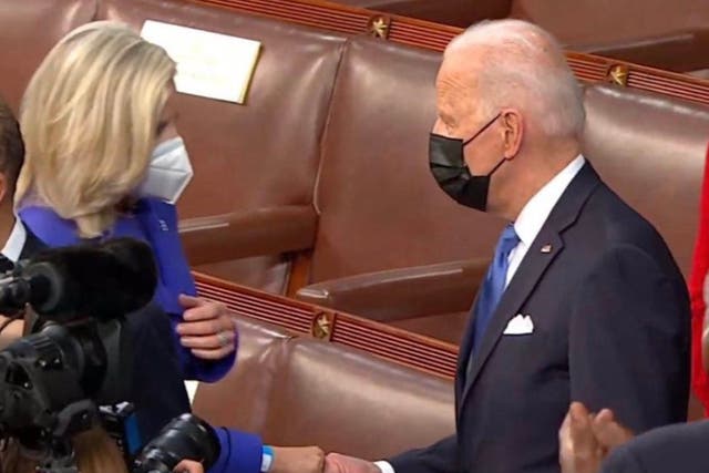 Liz Cheney and Joe Biden fist bump at president’s first address to a joint session of Congress