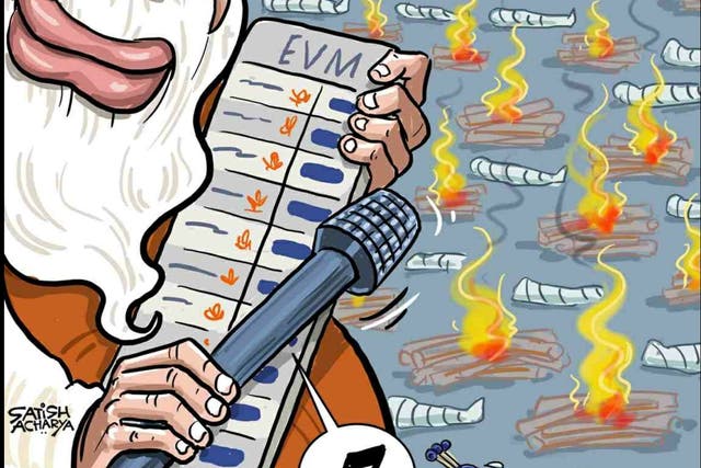 <p>A cartoon criticising Narendra Modi’s decision to focus on winning elections while ignoring the rising death toll from the coronavirus pandemic</p>