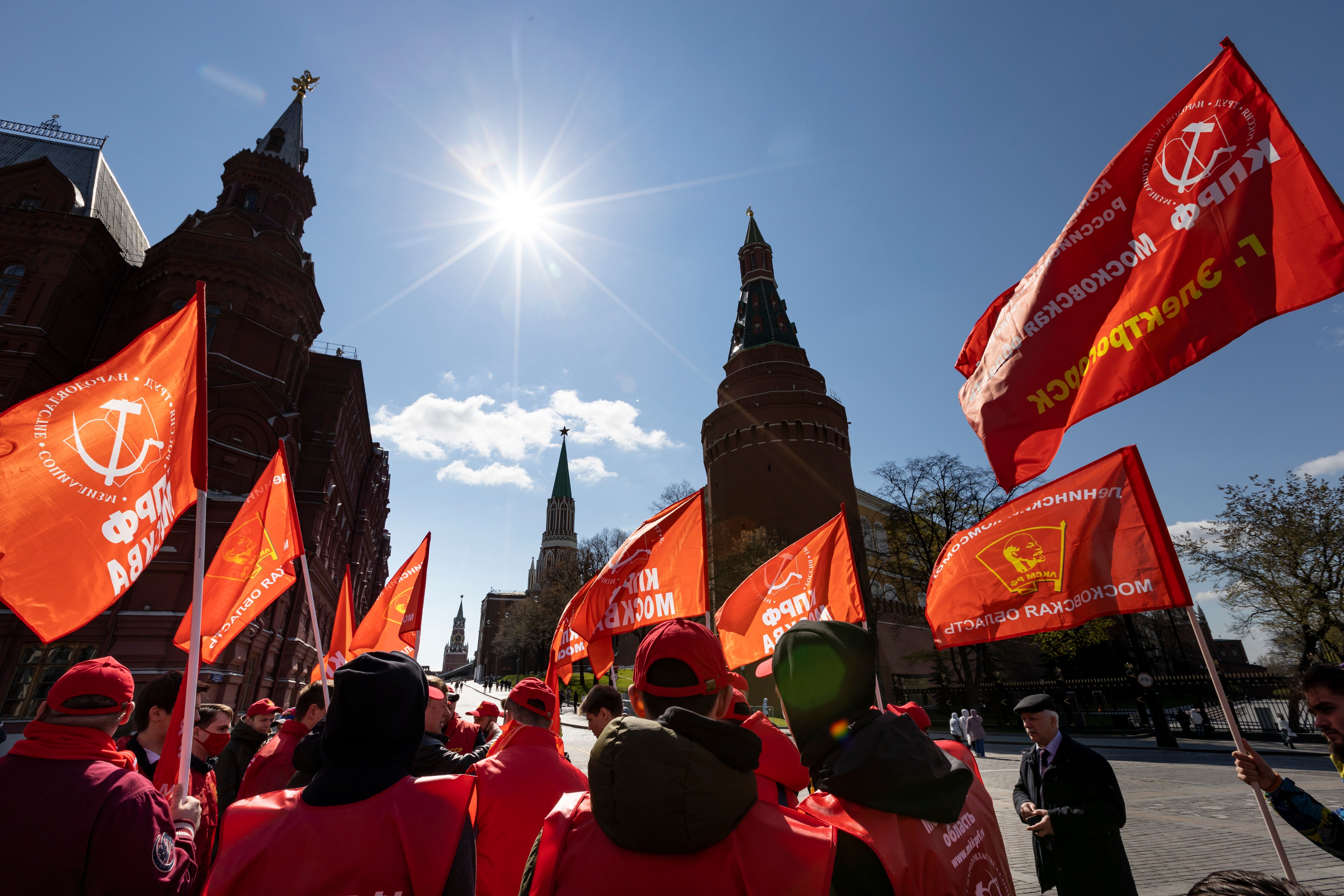 Communist Party supporters gather to mark Labour Day, also knows as May Day, near Red Square in Moscow