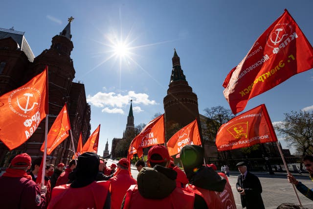 <p>Communist Party supporters gather to mark Labour Day, also knows as May Day, near Red Square in Moscow</p>