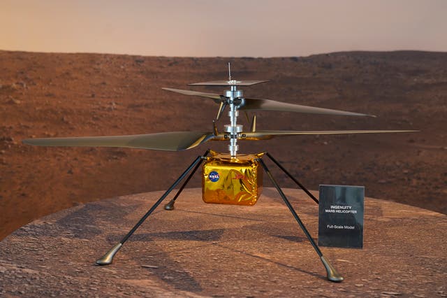 <p>The Ingenuity drone is the first powered aircraft to fly in the atmosphere of another planet</p>