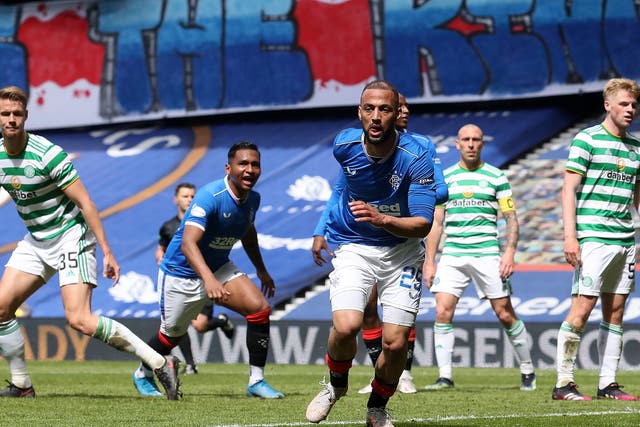 Kemar Roofe celebrates his second goal in Rangers’ victory over Celtic
