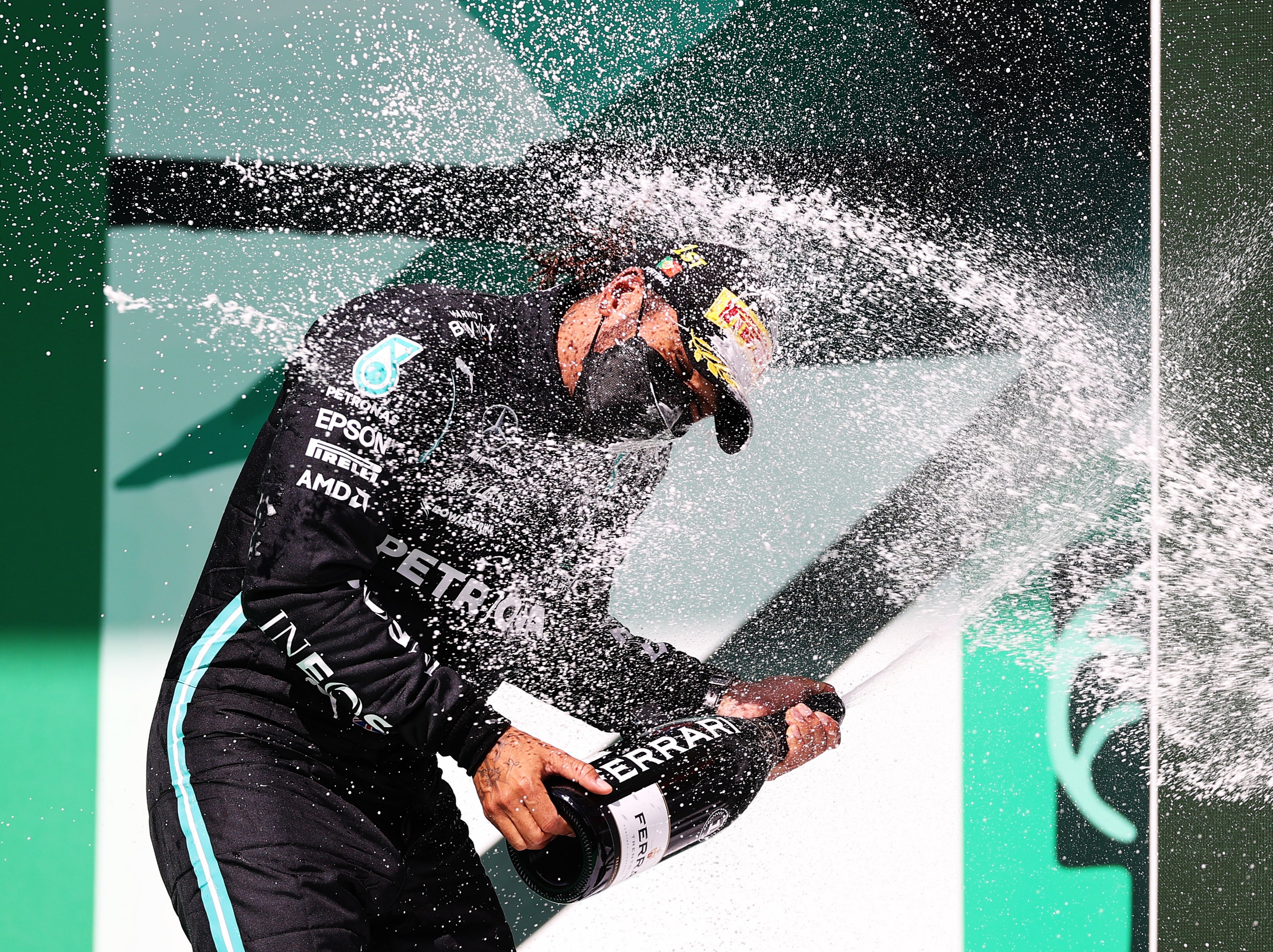 Lewis Hamilton celebrates his second win from three races so far this season