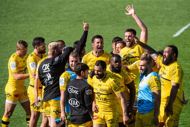 <p>La Rochelle’s players celebrate reaching their first Champions Cup final</p>