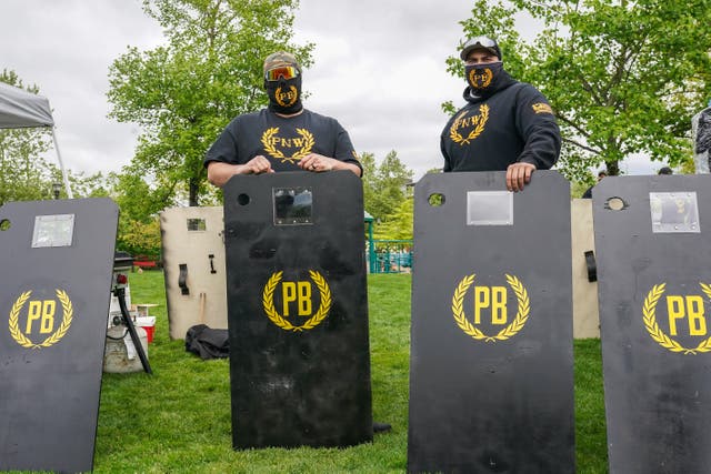 <p> Proud Boys provide security at a 2nd Amendment rally on 1 May 2021 in Salem, Oregon</p>