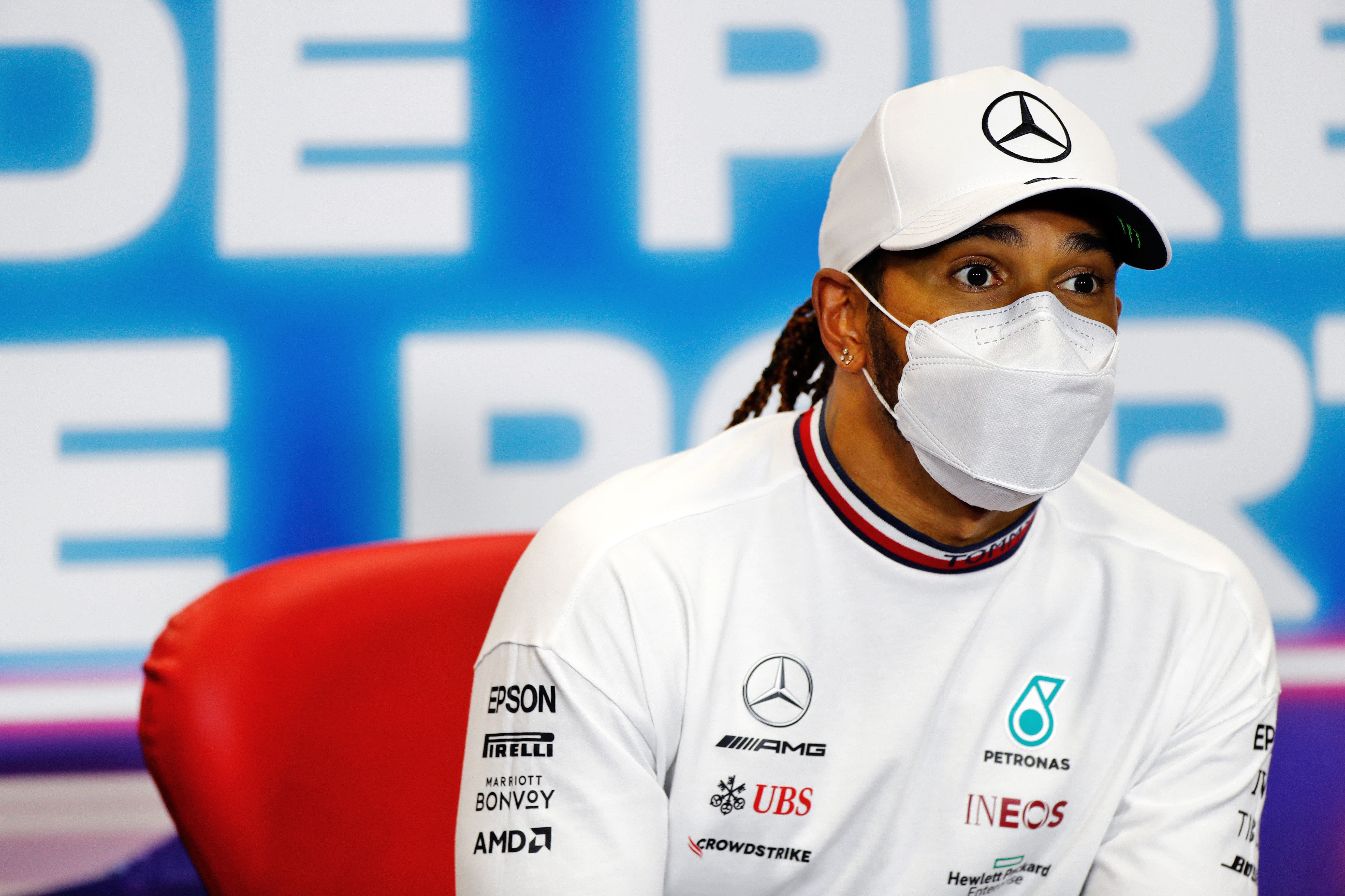 Lewis Hamilton reacts after winning the Grand Prix of Portugal at Autodromo Internacional Do Algarve