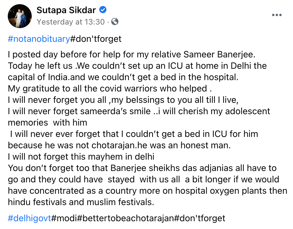Screenshot of Sutapa Sikdar’s Facebook post about the death of a relative due to lack of beds in Delhi