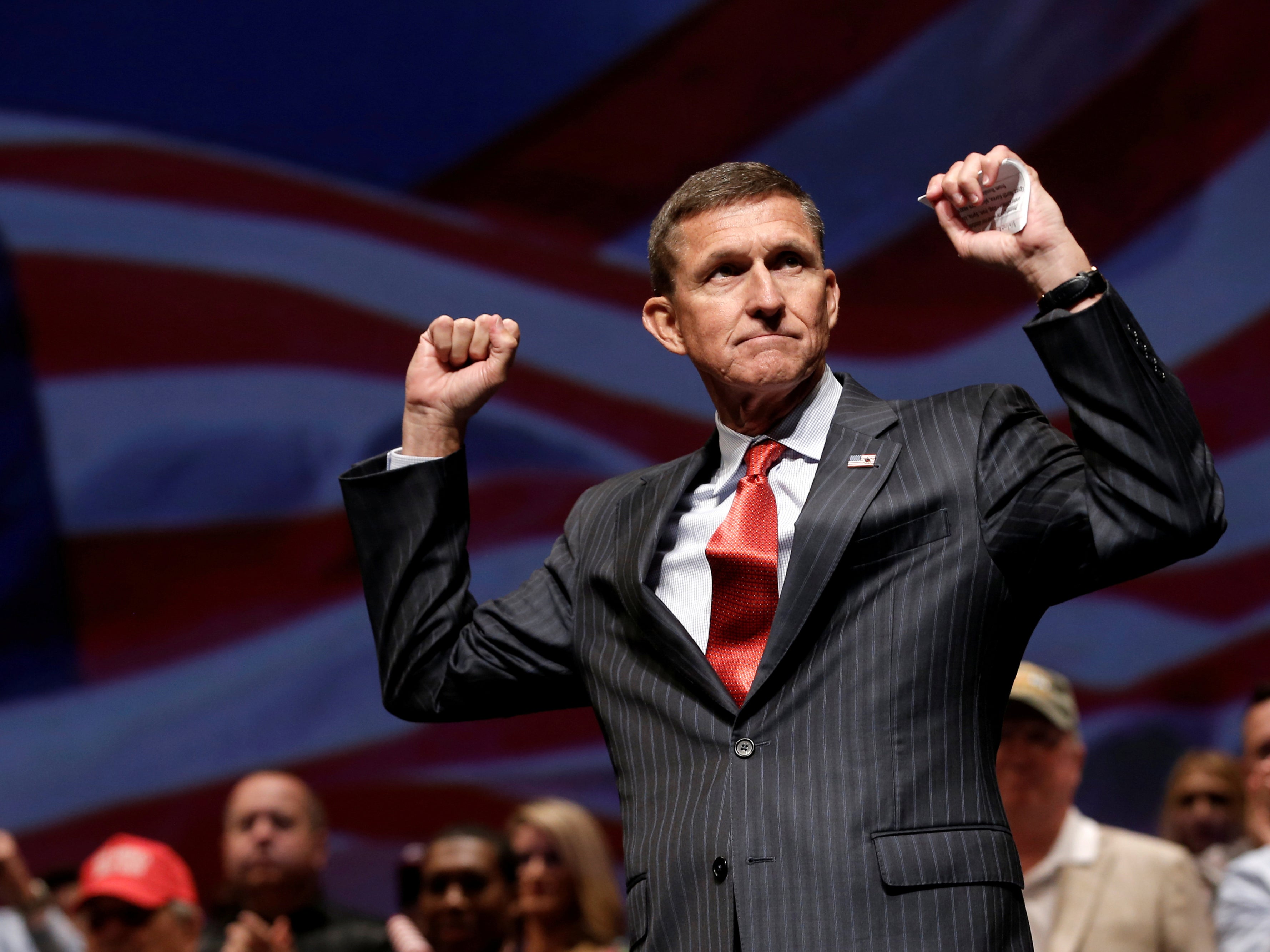 General Michael Flynn at a campaign event for the then Republican presidential nominee Donald Trump, in Virginia Beach in 2016