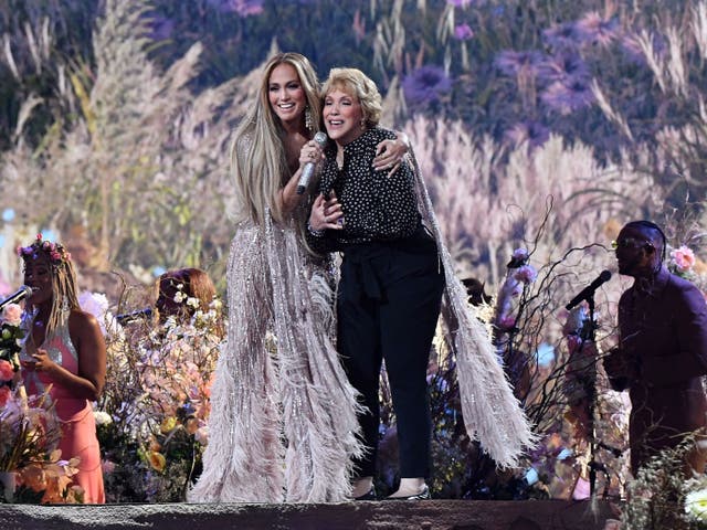 Jennifer Lopez and her mother Guadalupe Rodriguez sing together during the Vax Live fundraising concert on 2 May 2021 in Inglewood, California