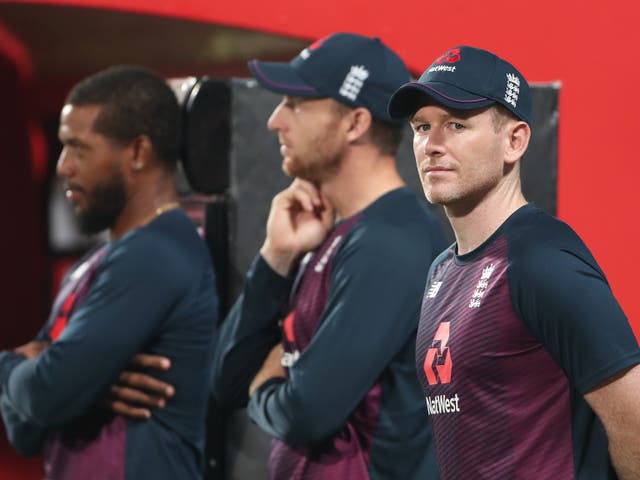 England cricket captain Eoin Morgan alongside Jos Buttler and Chris Jordan