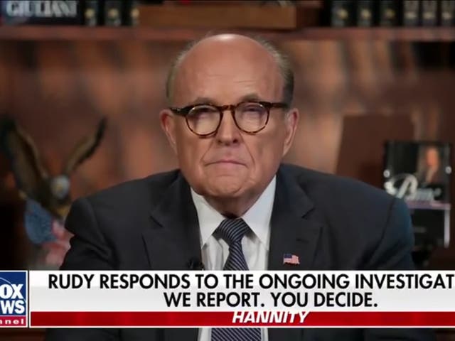 <p>Rudy Giuliani appearing on ‘Hannity Tonight’</p>