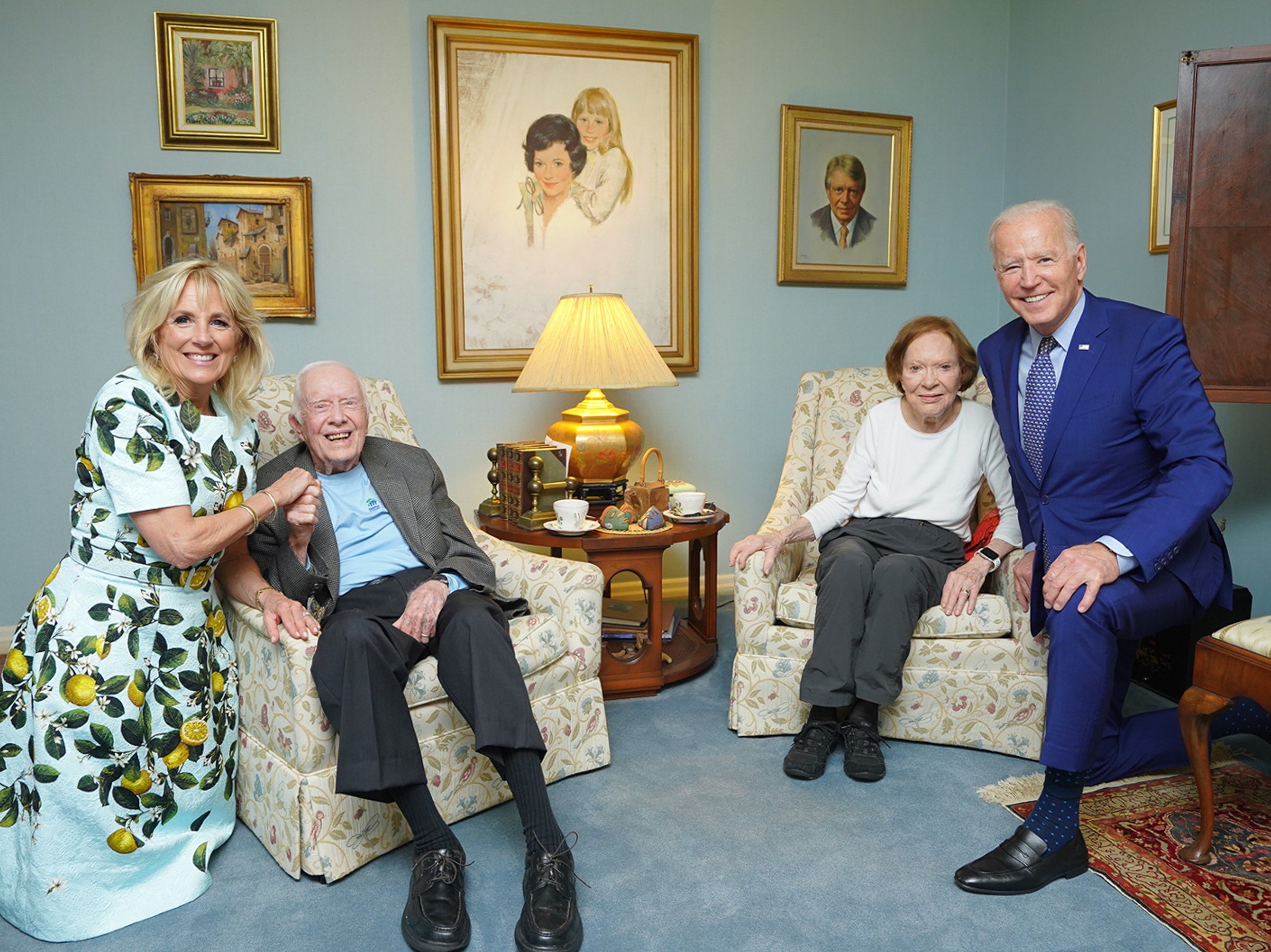 The Carter Centre released an image of the former president Jimmy Carter and former first lady, Rosalynn Carter, alongside Joe Biden and Dr Jill Biden
