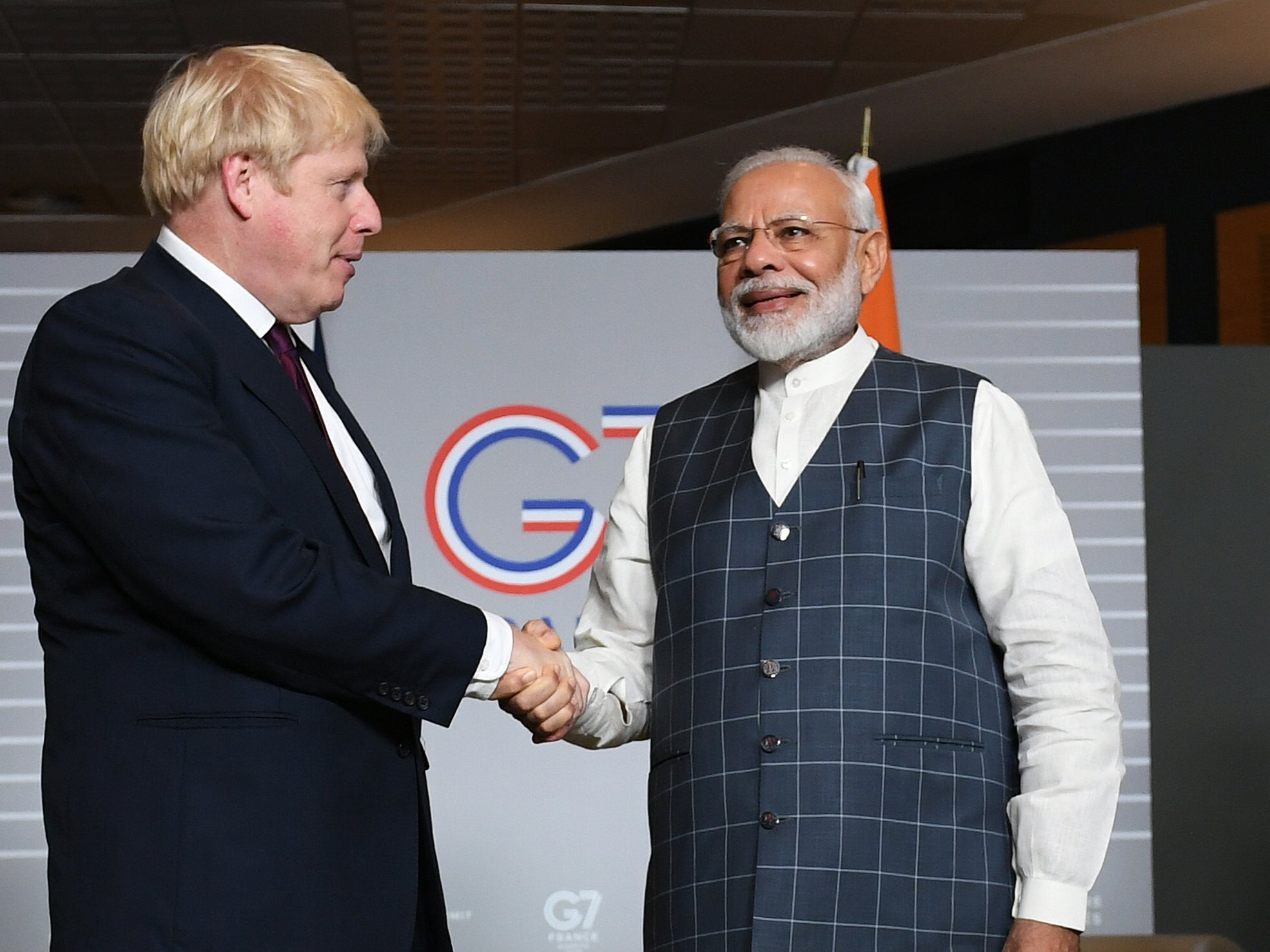 Boris Johnson meets his Indian counterpart Narendra Modi for bilateral talks during the August 2019 G7 summit in Biarritz