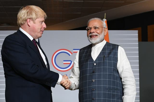 <p>Boris Johnson meets his Indian counterpart Narendra Modi for bilateral talks during the August 2019 G7 summit in Biarritz</p>