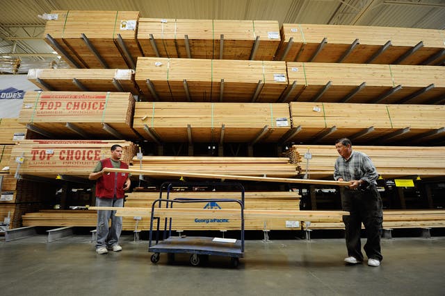 <p>The US has been hit by a lumber shortage during the pandemic which could be partially fuelled by a house building and DIY boom. Pictured is the lumber department at Lowe’s.</p>