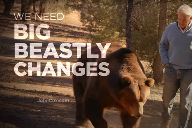 <p>Republican John Cox is campaigning for governor of California with a large grizzly bear as his mascot</p>