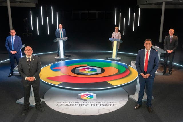 <p>(L-R clockwise) Presenter Glenn Campbell, Nicola Sturgeon, Willie Rennie, Anas Sarwar, Patrick Harvie, and Douglas Ross</p>