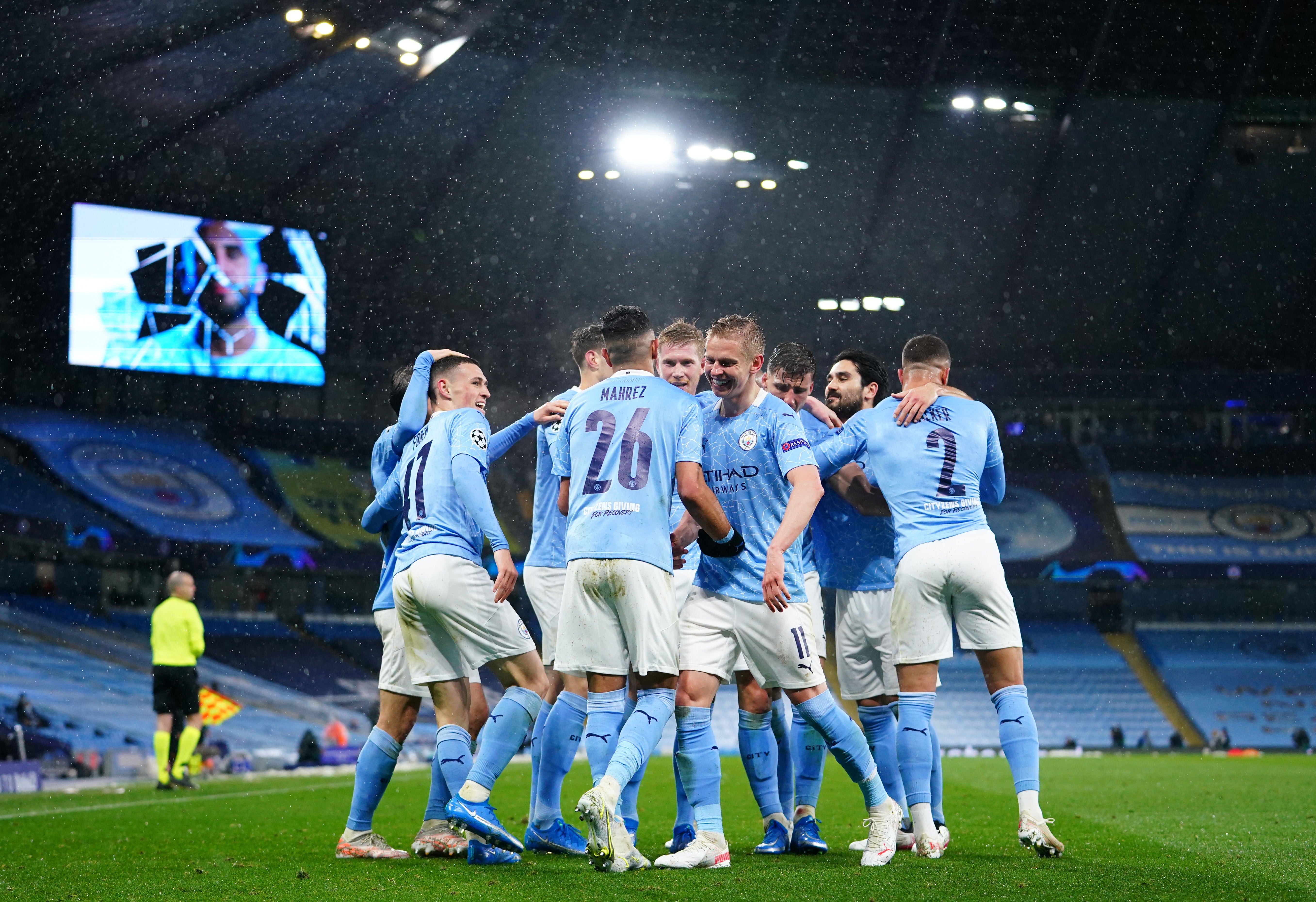 Manchester City celebrate Riyad Mahrez’s second goal