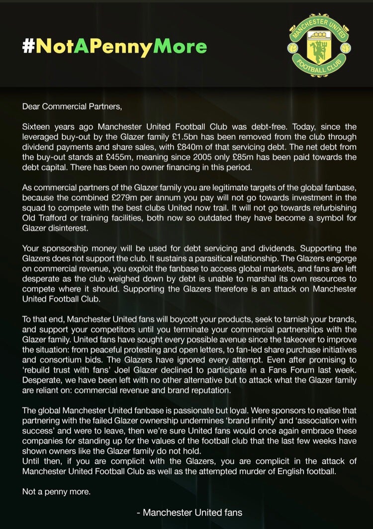 A letter to Manchester United sponsors by anonymous anti-Glazer fans