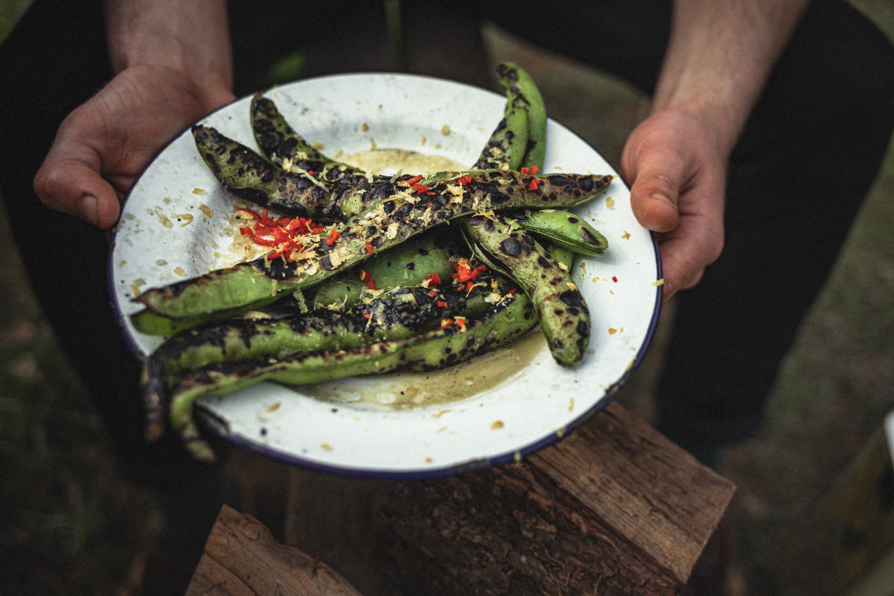 Whole grilled broad beans with chilli and lemon