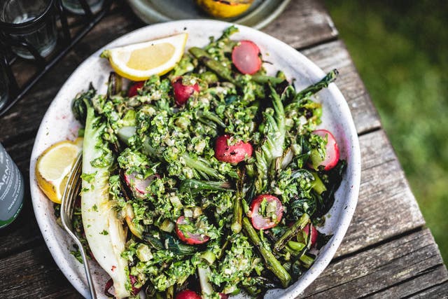 <p>Chargrilled spring veg with green sauce and ricotta</p>