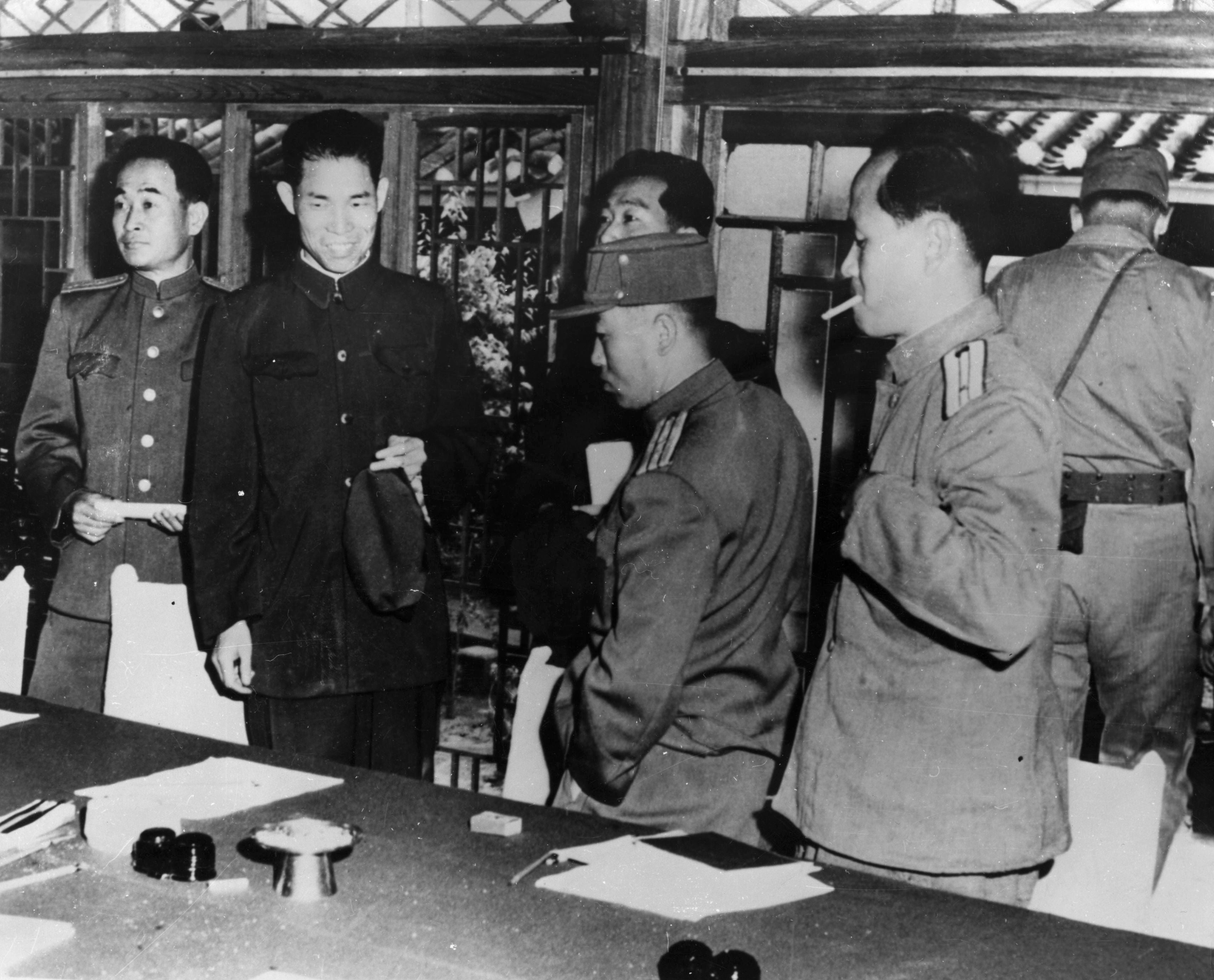 Chinese and North Korean officials at Kaesong, in 1951, where negotiations were held daily to discuss a ceasefire in the Korean War