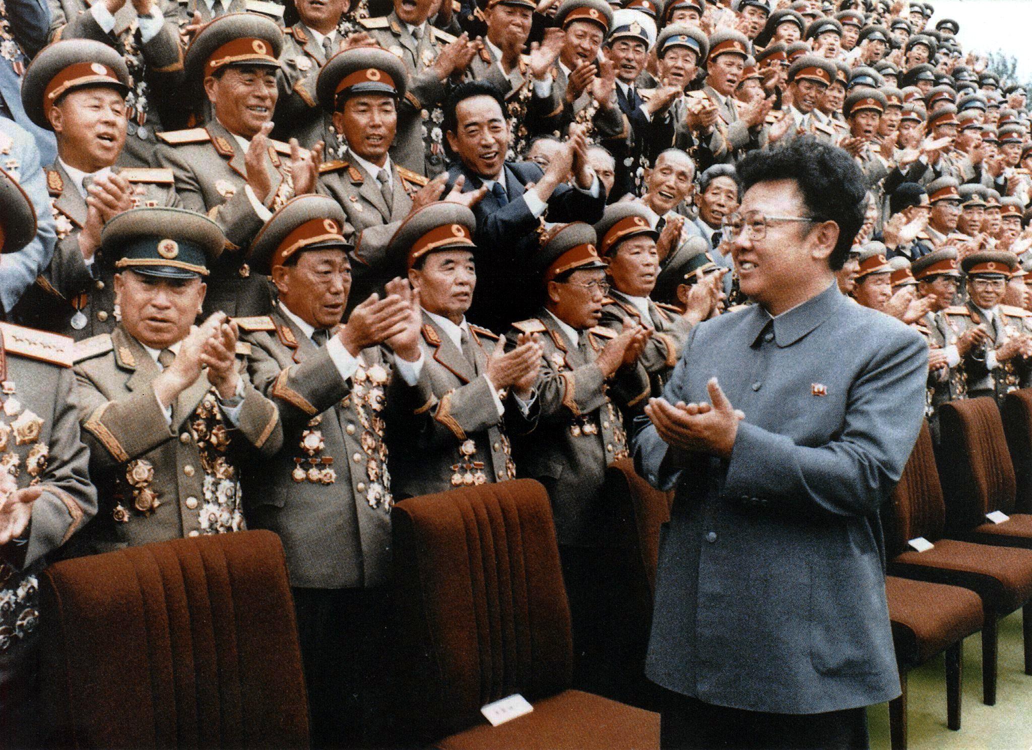 North Korean leader Kim Jong-Il meets with Korean People's Army personnel in September 1988