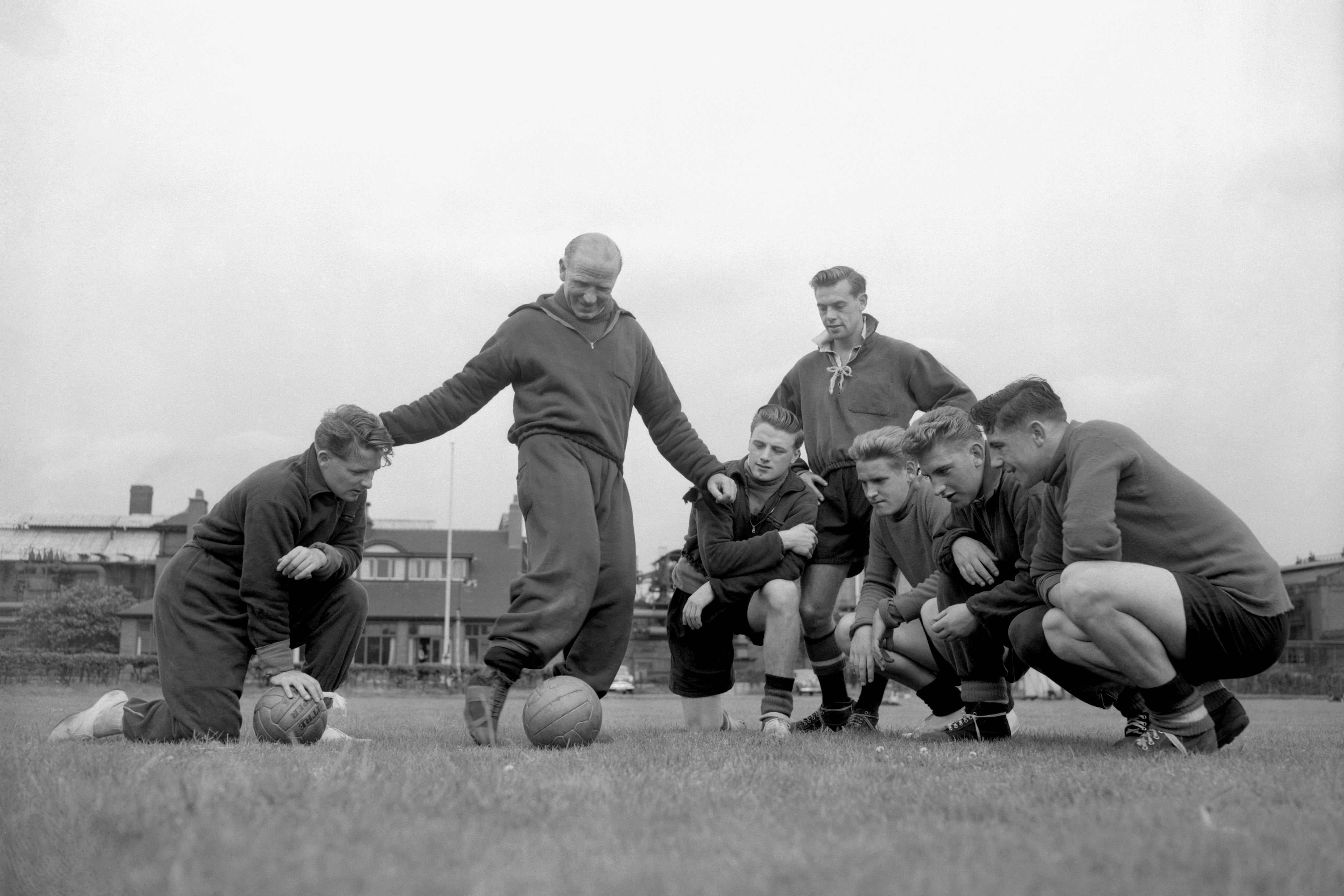 Manchester United manager Matt Busby with some of his ‘Babes’ in August 1956: (from left) Albert Scanlon, Colin Webster, John Doherty, Tony Hawesworth, Alec Dawson and Paddy Kennedy