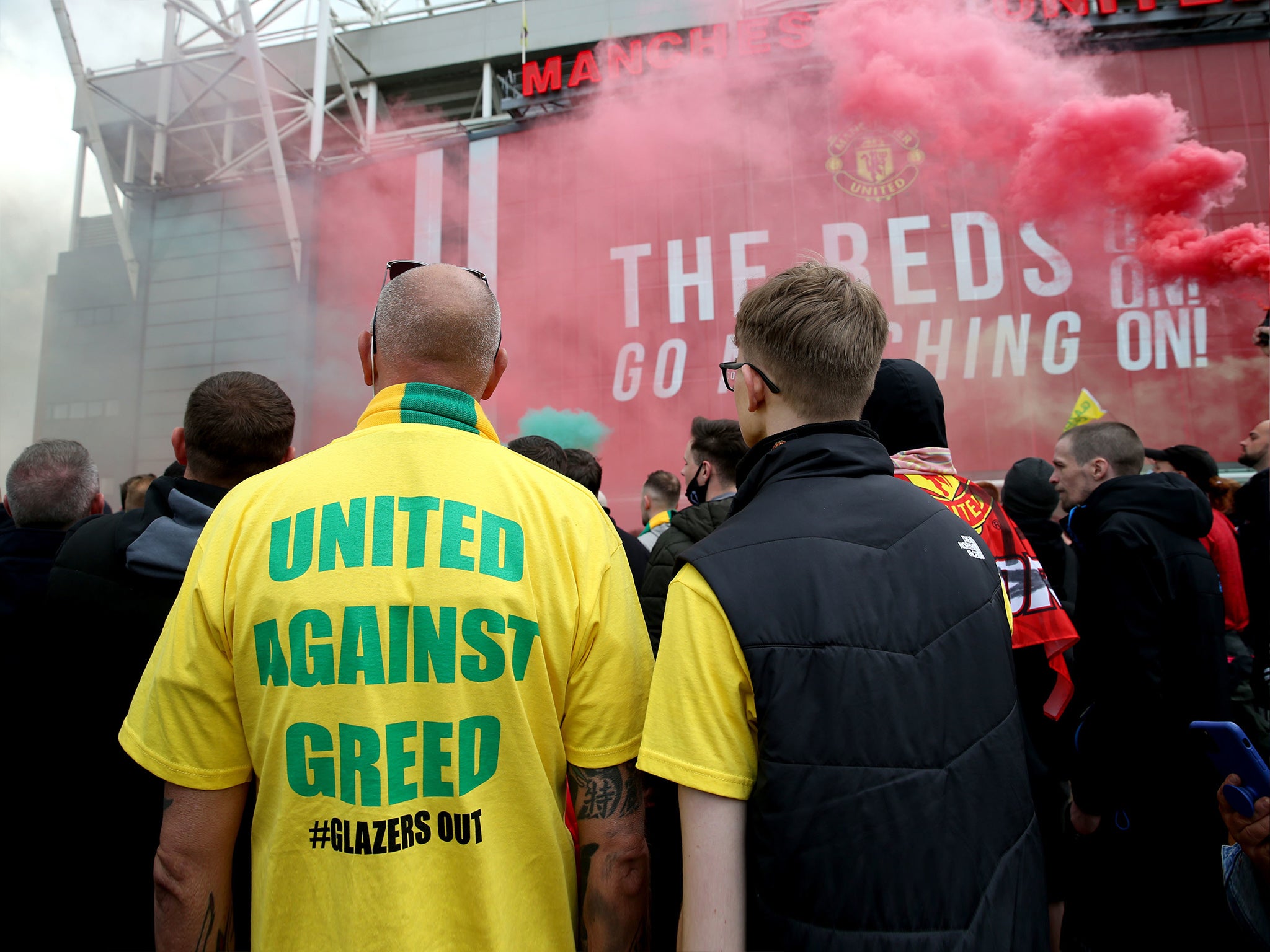 Fans gather outside Old Trafford earlier this month to protest against the Glazer family, the owners of Manchester United, before their Premier League match against Liverpool. The fixture was subsequently postponed