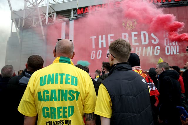 <p>Fans gather outside Old Trafford earlier this month to protest against the Glazer family, the owners of Manchester United, before their Premier League match against Liverpool. The fixture was subsequently postponed</p>
