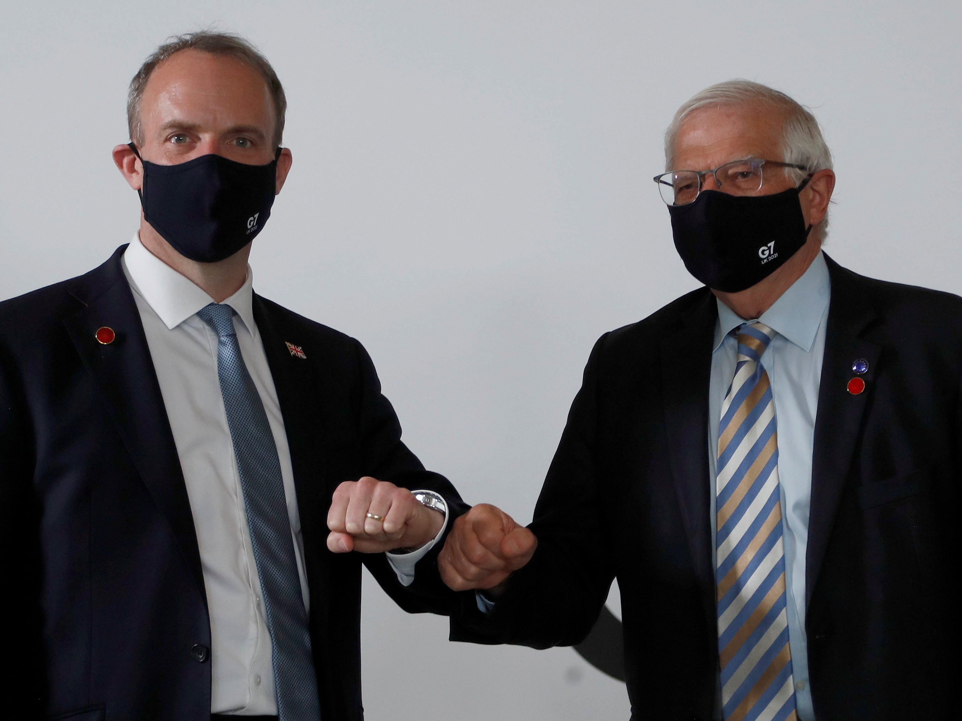 Britain’s foreign secretary Dominic Raab (left) and EU foreign affairs representative Josep Borrell meet ahead of talks during Wednesday’s G7 meeting in London