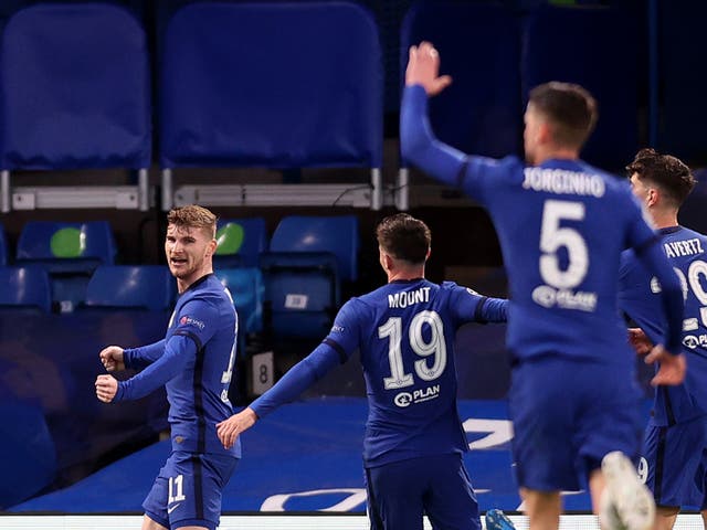 Timo Werner (left) nodded the ball into an open goal to put Chelsea ahead