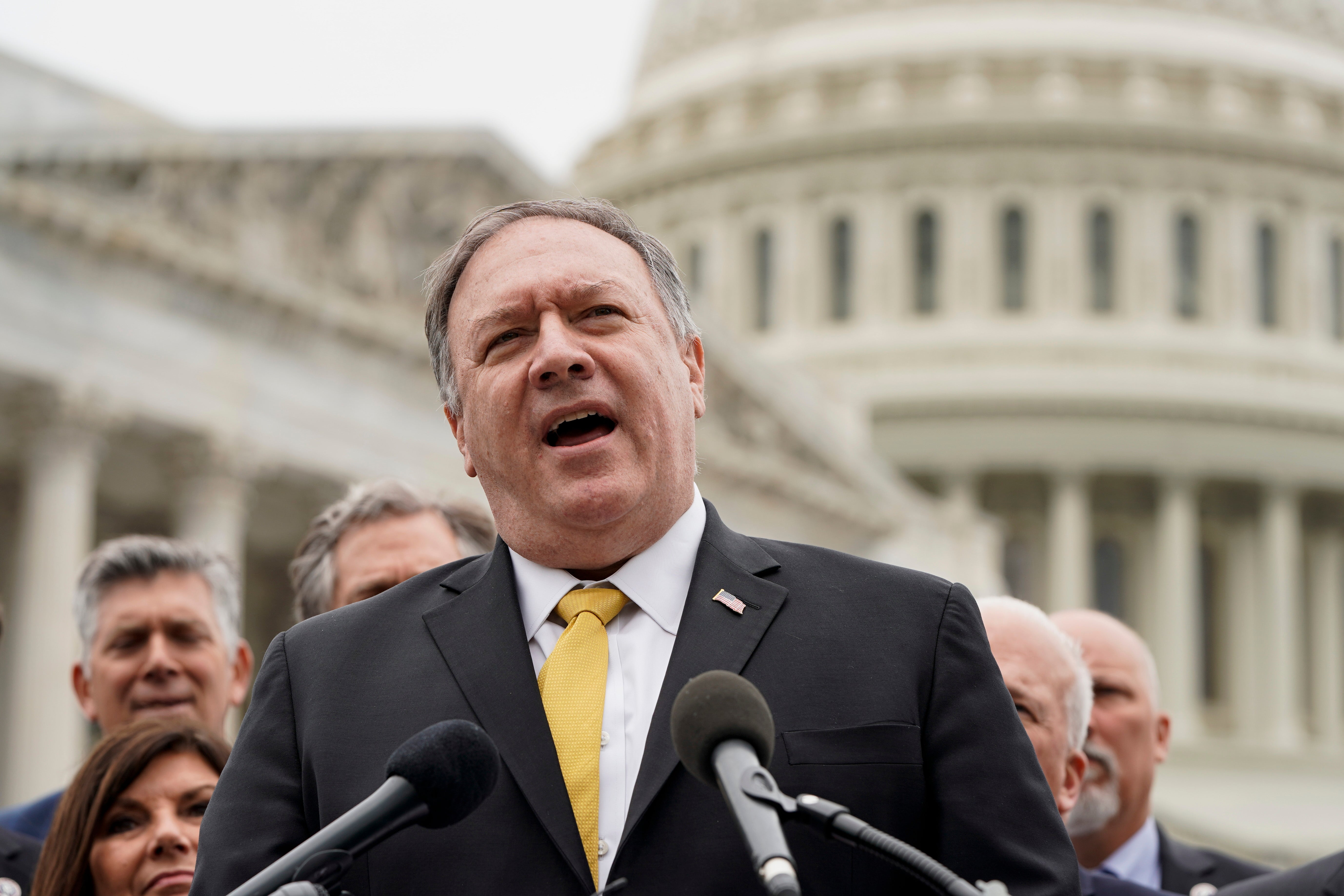 File image: Former Secretary of State Mike Pompeo speaks to the media with members of the Republican Study Committee about Iran on 21 April, 2021 in Washington, DC