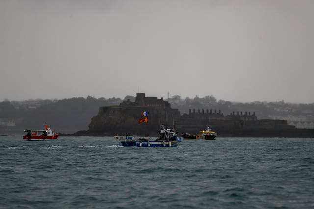 French fishing boats stage a protest in front of the port of Saint Helier, Jersey, on 6 May, 2021. 