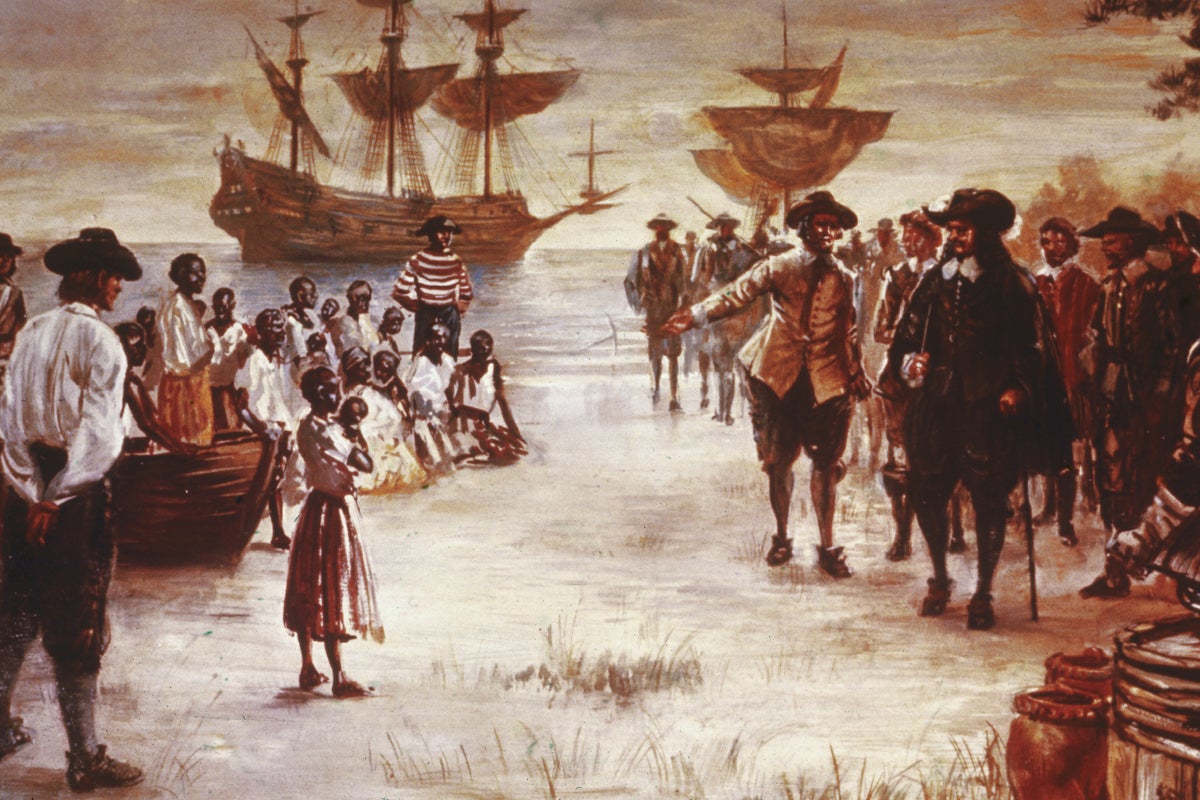 An engraving showing the arrival of a Dutch slave ship with a group of African slaves for sale in Jamestown, Virginia, 1619