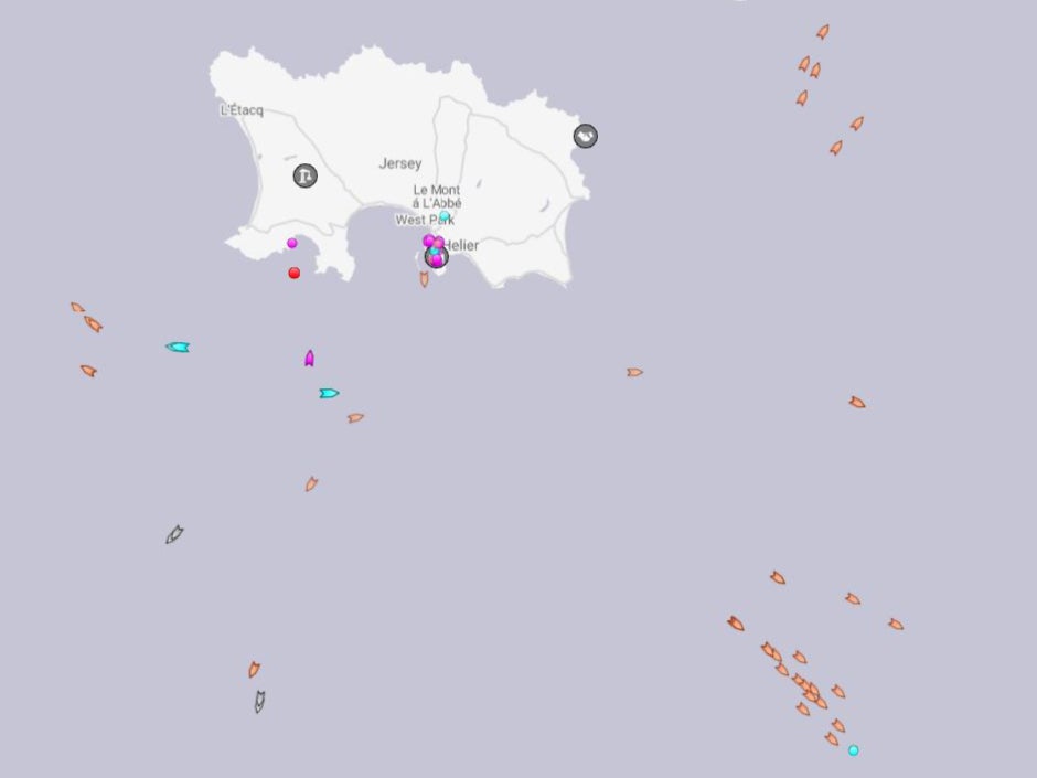 An app tracking maritime movements shows boats dispersing from Jersey