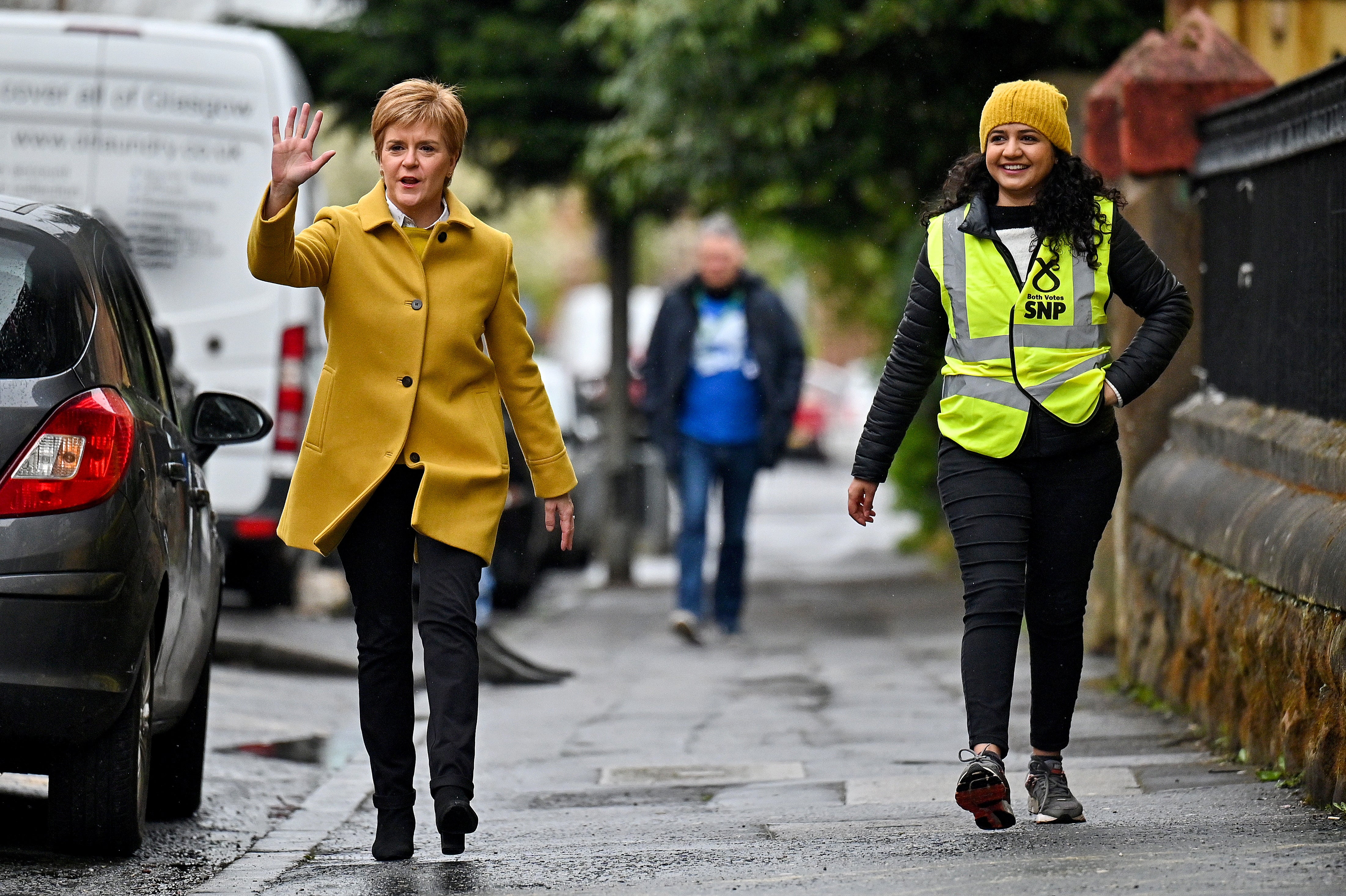 Scotland’s first minister Nicola Sturgeon and candidate Roza Salih walk near Annette Street School polling station in Glasgow