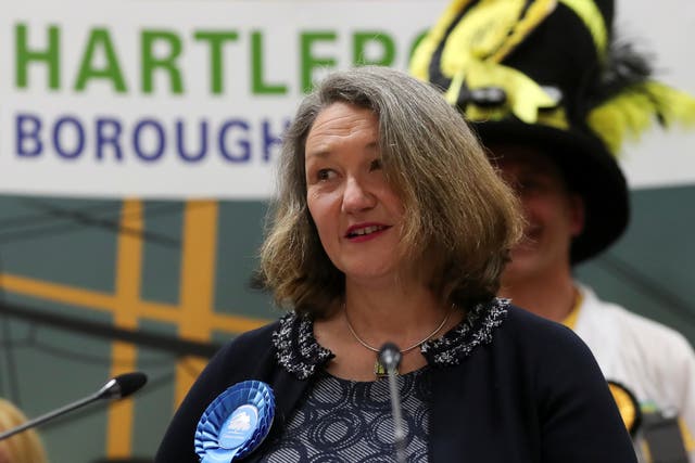 Jill Mortimer of the Conservative Party delivers a victory speech at Mill House Leisure Centre in Hartlepool as results are announced