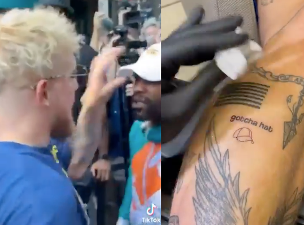 Jake Paul Mocks Floyd Mayweather With A Tattoo Of His Hat After Stealing It During Brawl Indy100 Jake Paul Mocks Floyd Mayweather With A Tattoo Of His Hat After Stealing It During Brawl Indy100