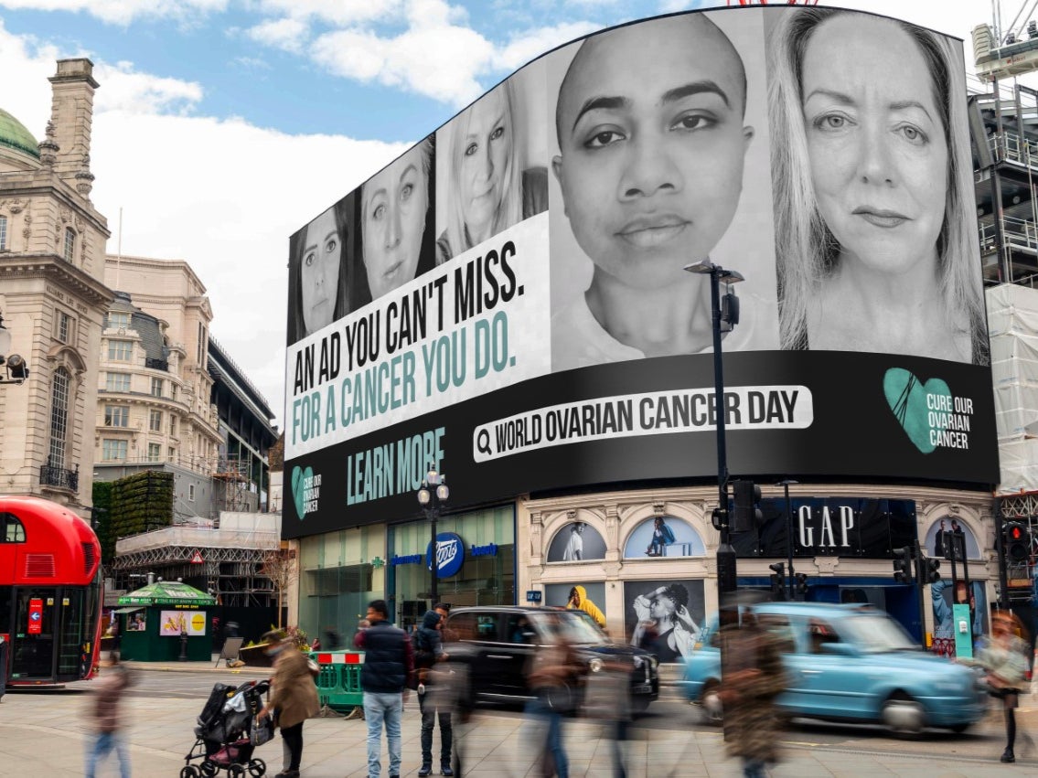 The main billboard in Piccadilly Circus will feature a campaign raising awareness for World Ovarian Cancer Day, by global research charity Cure Our Ovarian Cancer